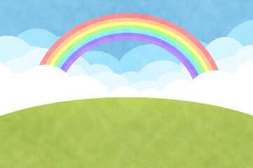 山と雲の背景　長方形　虹　水彩風