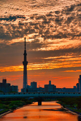 沈む太陽とスカイツリー