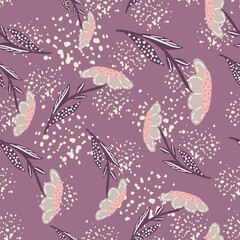 Fototapeta na wymiar Decorative seamless pattern with botanic random field flowers ornament. Purple background with splashes.