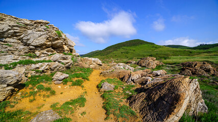 Fototapeta na wymiar Landscape of reddish terrain near the sea with green grass and blue sky.