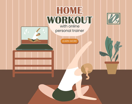 Girl exercising at home and watching online tutorials on laptop. Modern illustration of a woman doing yoga in the living room. Pilates online class, course, quarantine. Illustration for web platform
