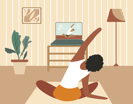 Girl exercising at home and watching online tutorials on laptop. Modern illustration of a woman doing yoga in the living room. Pilates online class, course, quarantine. Illustration for web platform
