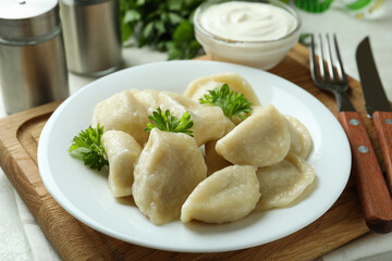 Concept of tasty food with vareniki or pierogi, close up