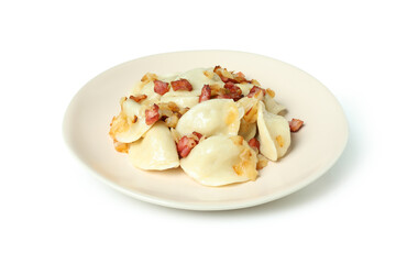 Plate with vareniki or pierogi isolated on white background