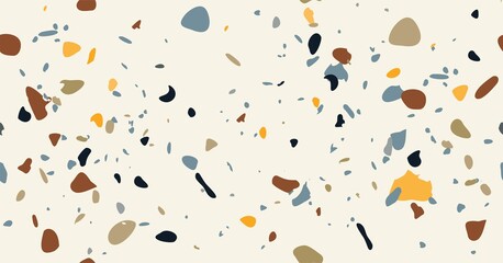 Terrazzo vector seamless pattern. Texture of Italian floor with chips of marble, quartz, granite, glass. Modern background design in natural colors.