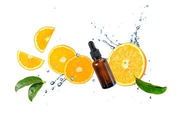 Dark brown glass bottle of face serum with vitamin C or essential  oil and orange fruit  slices...
