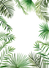Fototapeta na wymiar Tropical leaves card template. Green palm jungle florals. Watercolor free-hand illustration for card, wedding invitation, banner, event flyer, poster, presentation, menu, lifestyle