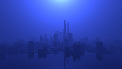 Blue Surreal 3D Illustration Cityscape Flooded with Water In Hazy Fog Background