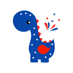 Dinosaur Independence day patriotic illustrations. Cute vector prints for 4th of July. Independence day design elements in the colors of the US national flag. Baby, kids design