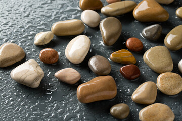 Fototapeta na wymiar colorful sea pebbles with water drops