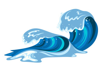 Tsumani wave in flat cartoon style. Big blue tropical water splash with white foam. Vector illustration isolated in white background