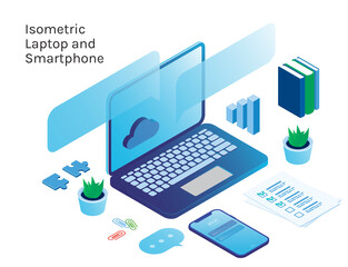 Set of modern clean isometric laptop smartphone cloud bubble chat notification and book