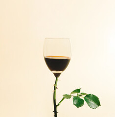 Wine glass with a rose stem on beige background. Minimal holiday concept. Valentine celebration idea.