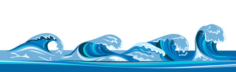 Tsumani wave background in flat cartoon style. Big blue tropical water splash with white foam. Vector illustration