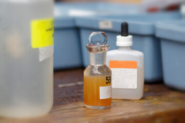 Determination of dissolved oxygen in a DO bottle showing color development.