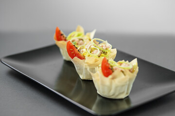 Beautifully decorated catering banquet menu. Food snacks and appetizers for buffet.