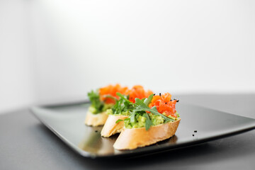 Beautifully decorated catering banquet menu. Food snacks and appetizers for buffet.