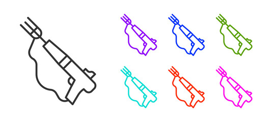 Obraz premium Black line Fishing harpoon icon isolated on white background. Fishery manufacturers for catching fish under water. Diving underwater equipment. Set icons colorful. Vector