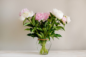Studio shot of beautiful peony flowers in glass vase on a table over gray wall background with a lot of copy space for text. Feminine floral composition. Close up, backdrop.
