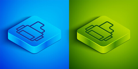 Isometric line Camera vintage film roll cartridge icon isolated on blue and green background. 35mm film canister. Filmstrip photographer equipment. Square button. Vector