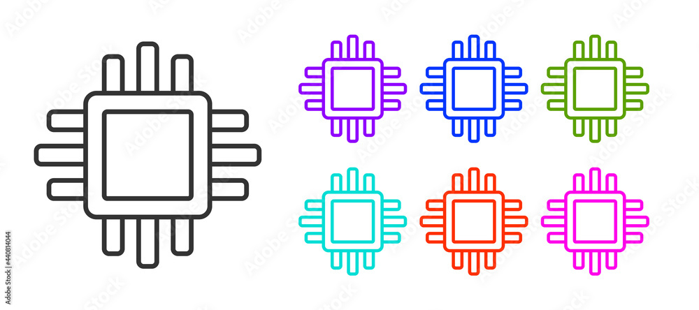 Aufkleber black line computer processor with microcircuits cpu icon isolated on white background. chip or cpu 