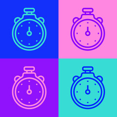 Pop art line Stopwatch icon isolated on color background. Time timer sign. Chronometer sign. Vector