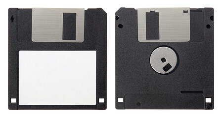Black floppy disk, front and back with blank label isolated on white background, clipping path - 440814670