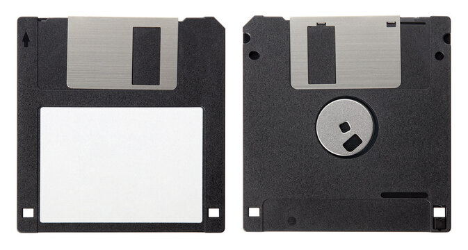 Black floppy disk, front and back with blank label isolated on white background, clipping path
