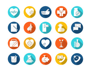 Vector set of Health icons.  Flat long Shadow icons Healthy and app icon set. Simple graphic design ideas. Simple outline element collection.