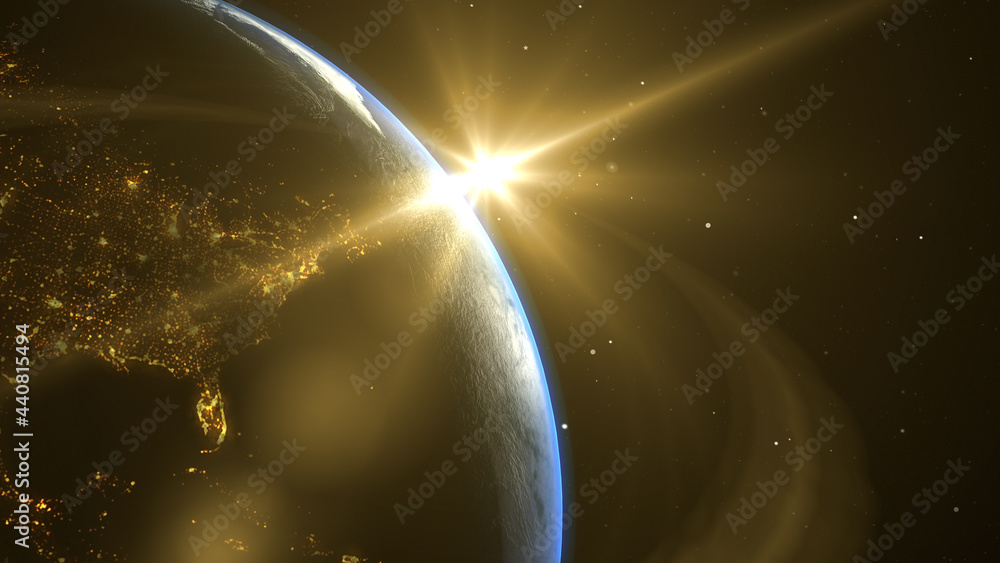 Wall mural sunrise and shadow on the earth rotate in space with star in universe. world realistic atmosphere 3d