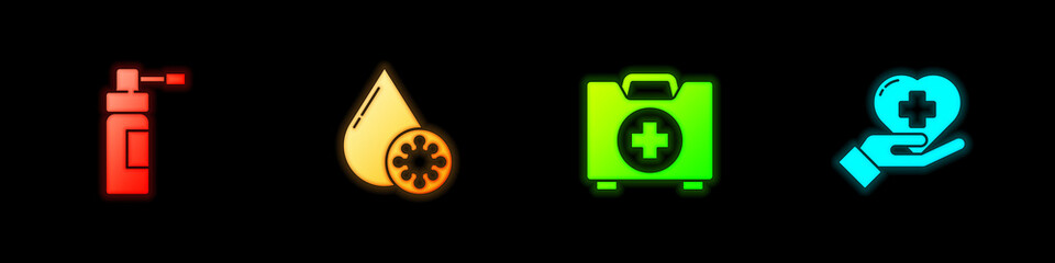 Set Bottle with nozzle spray, Blood test and virus, First aid kit and Heart cross icon. Vector