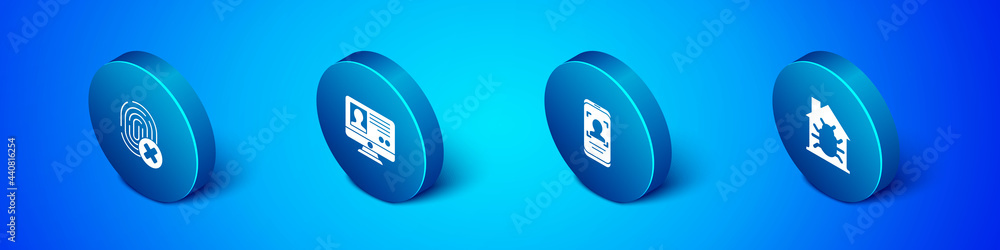 Poster set isometric cancelled fingerprint, mobile and face recognition, house system bug and create accoun
