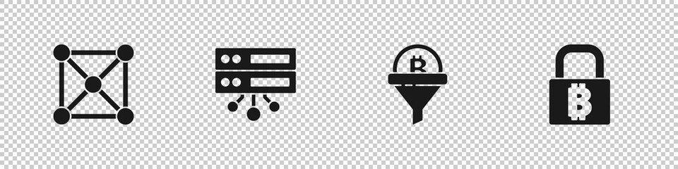 Set Blockchain technology, Server, Sales funnel with bitcoin and Lock icon. Vector