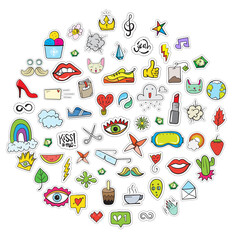 Big Set of Random Stickers Elements like Flower, Heart, Crown, Cloud, Lips, Mail, Diamond, Eyes. Hand Drawn Vector. Cute Fashionable Patches. Doodle Pop art Sketch Badges and Pins.
