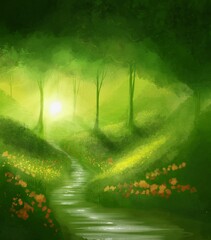 green forest painting style illustration 