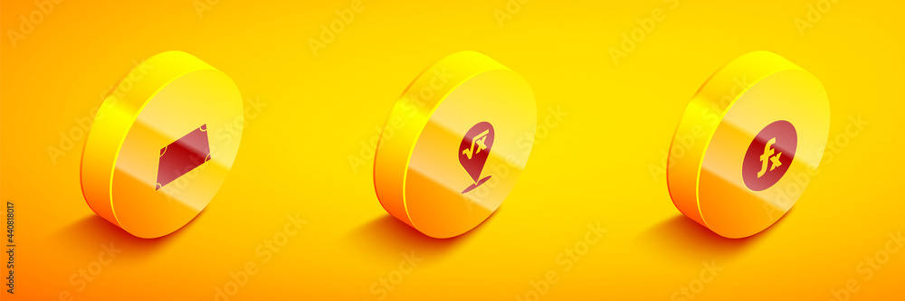 Poster set isometric acute trapezoid shape, square root of x glyph and function mathematical symbol icon. v