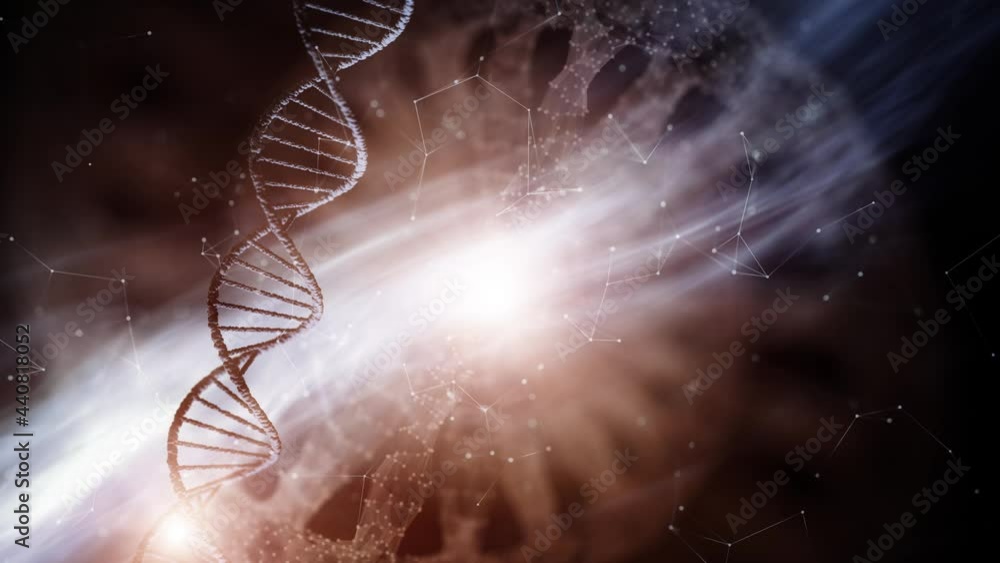 Poster abstract digital rotating dna molecules on futuristic shiny space animation background.