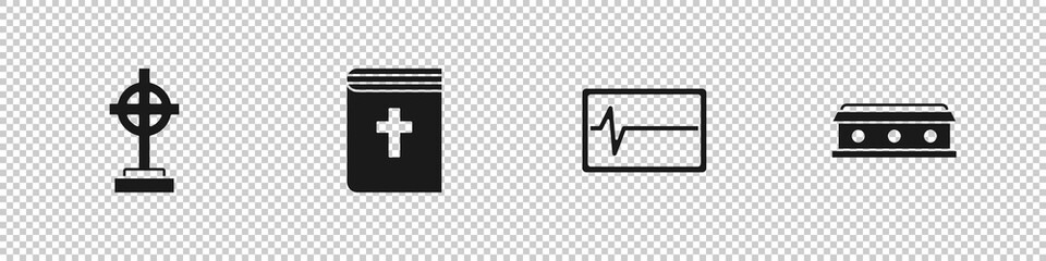 Obraz premium Set Grave with cross, Holy bible book, Beat dead in monitor and Coffin icon. Vector