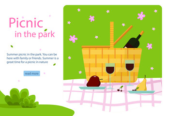 Summer picnic in the park. Picnic basket with wine on a tablecloth on the grass and wineglass, apple, cherry, pear. Poster or banner. Concept landing page, web page design for website, template
