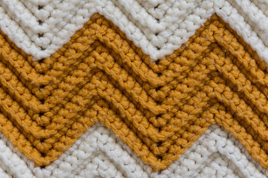 Zigzag crochet blanket with mustard and white yarn; crafty retro grandma style