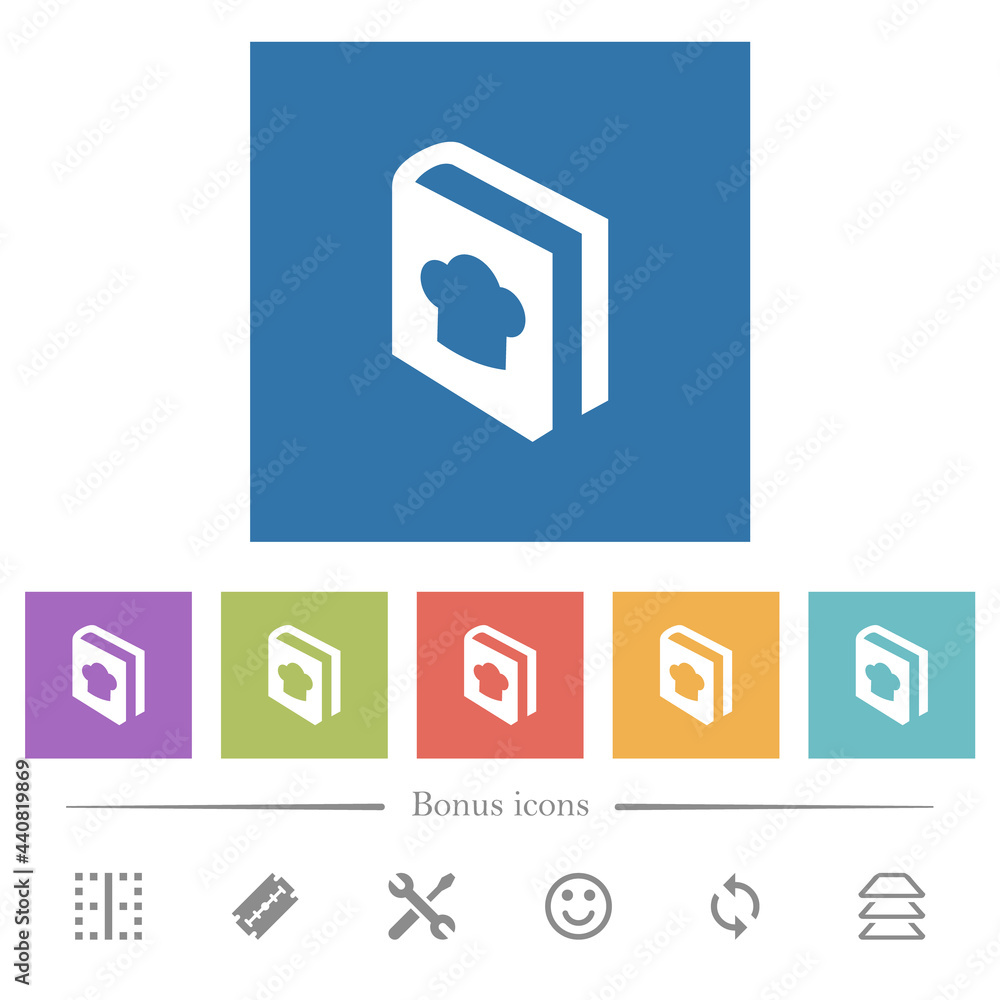 Poster cookbook with chef hat flat white icons in square backgrounds