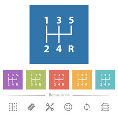 five speed manual gear shift flat white icons in square backgrounds