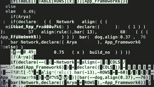 Data Code and Graphics Streaming down the Screen. Abstract Animated Design Element of Coding, Hacking, Encryption. Black and White Version.