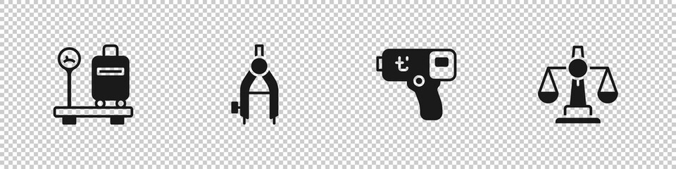 Set Scale with suitcase, Drawing compass, Digital thermometer and Scales of justice icon. Vector
