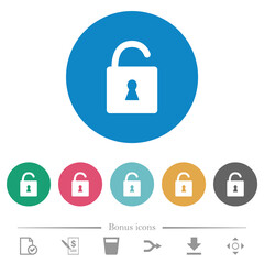 Unlocked padlock with keyhole flat round icons