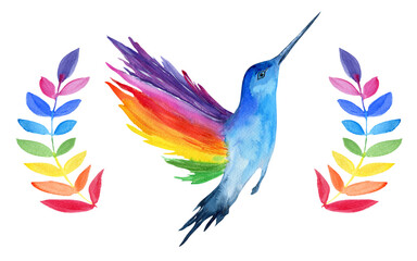 Watercolor rainbow hummingbird and leaves illustration isolated on white background. Hand painting bird and floral illustration.