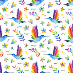 Fototapeta na wymiar Watercolor rainbow, floral and hummingbird seamless pattern isolated on white background. Hand painting gay pride illustration.