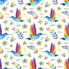 Stof per meter Vlinders Aquarel regenboog, bloemen en kolibrie naadloze patroon geïsoleerd op een witte achtergrond. Hand schilderij gay pride illustratie.