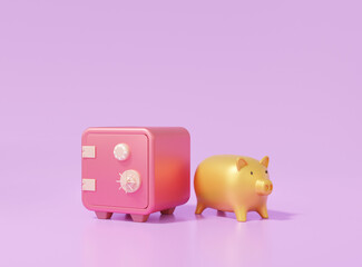 Safe box and Piggy bank gold color, earning Finance saving concept. cartoon style minimal on purple pastel background, copy space, 3D render illustration