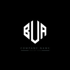 BUA letter logo design with polygon shape. BUA polygon logo monogram. BUA cube logo design. BUA hexagon vector logo template white and black colors. BUA monogram, BUA business and real estate logo. 